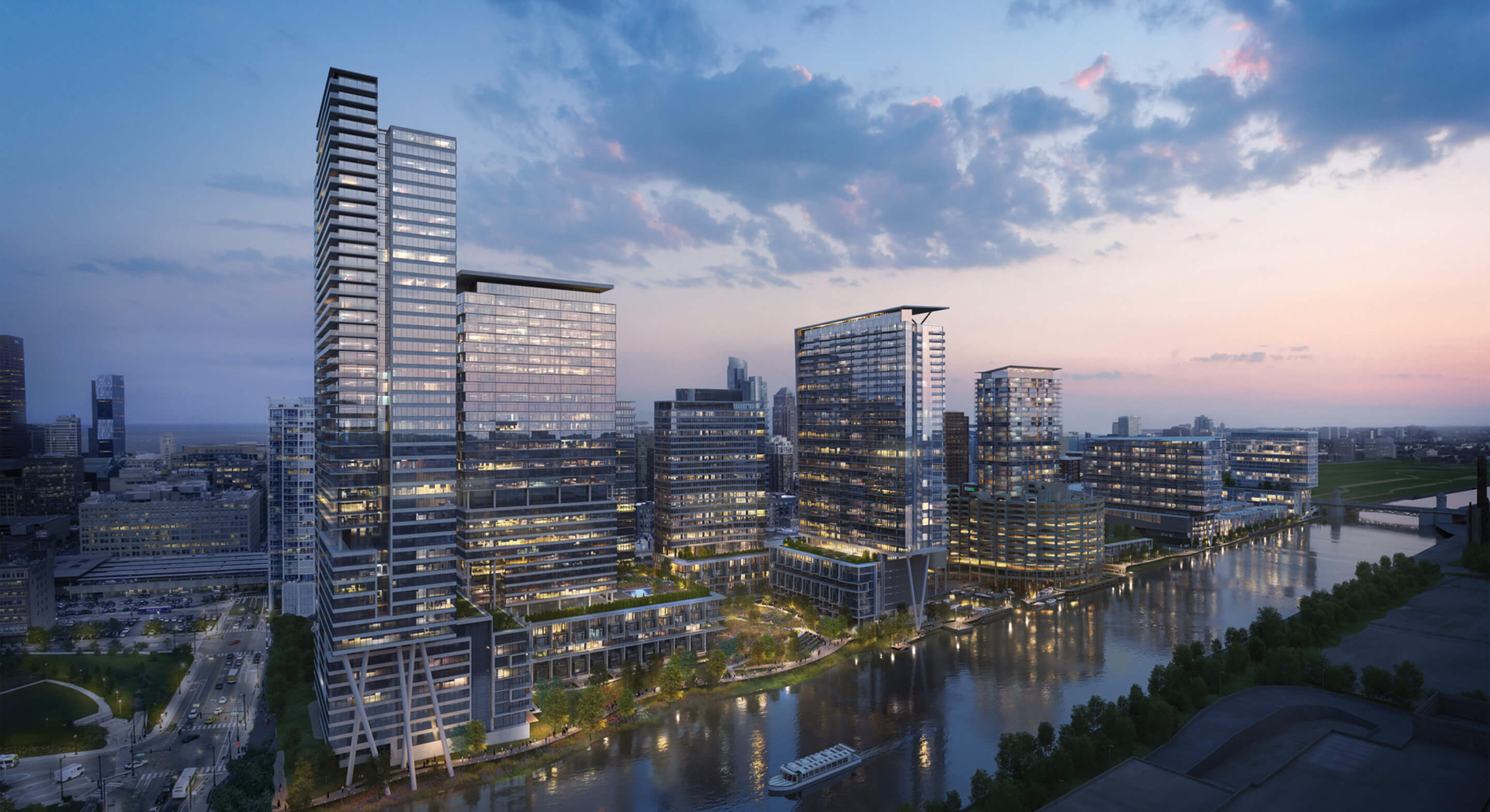 Skyscrapers reflecting on river at dusk. Urban cityscape with cloudy evening sky.