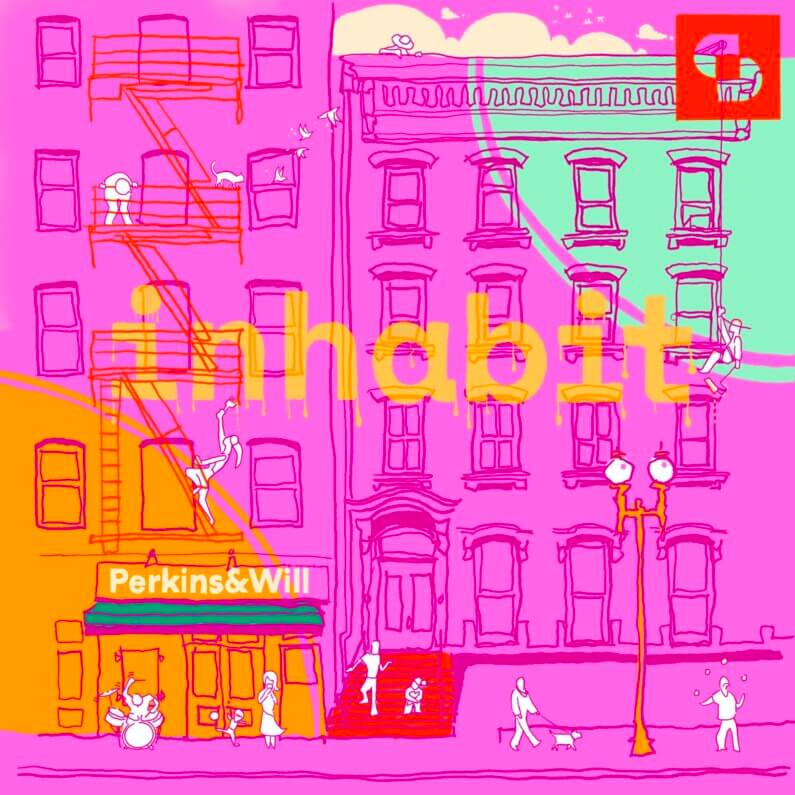 Colorful city scene with text spelling inhabit.