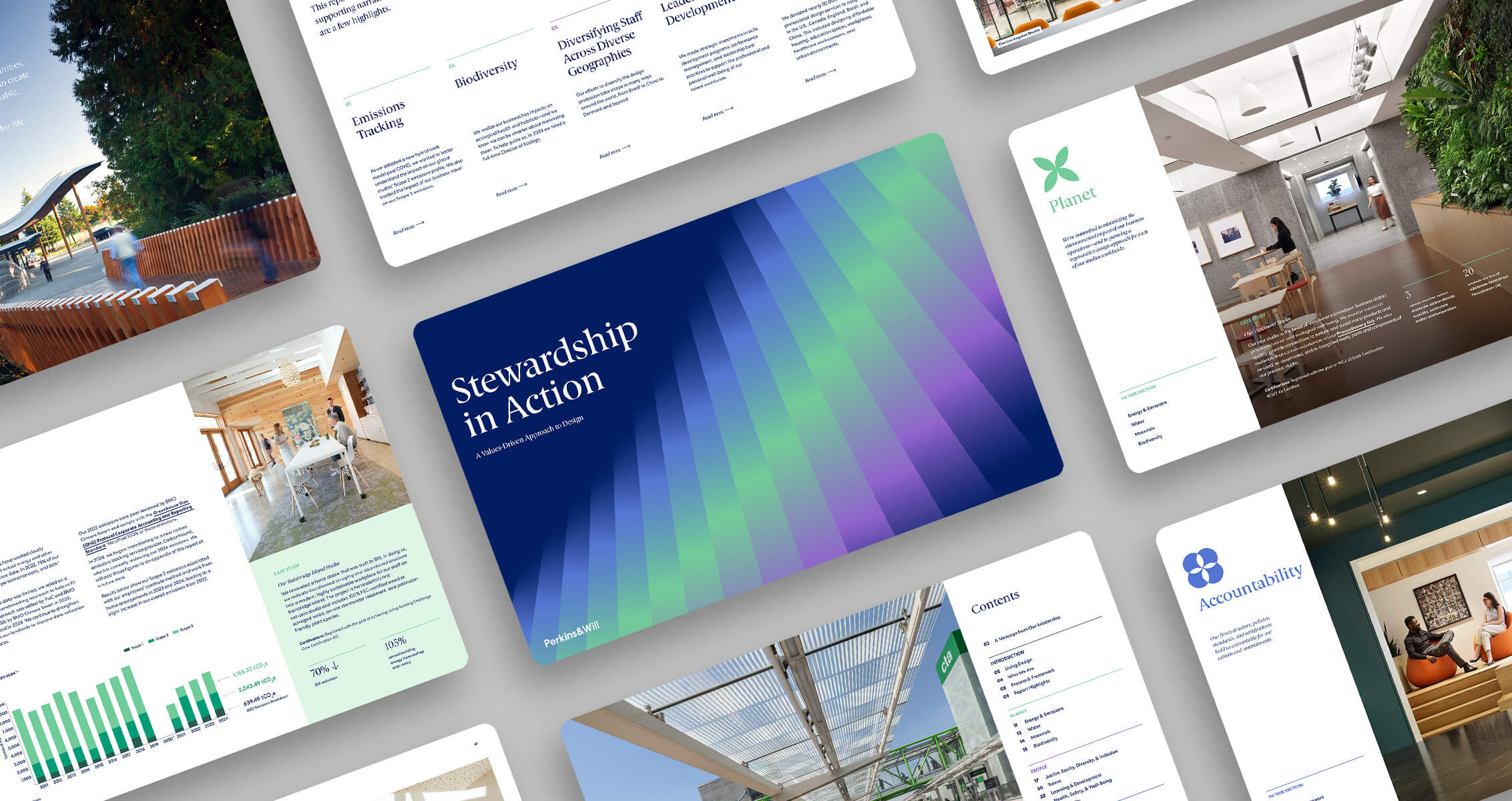 Collage of annual report with Stewardship in Action theme and colorful design elements.