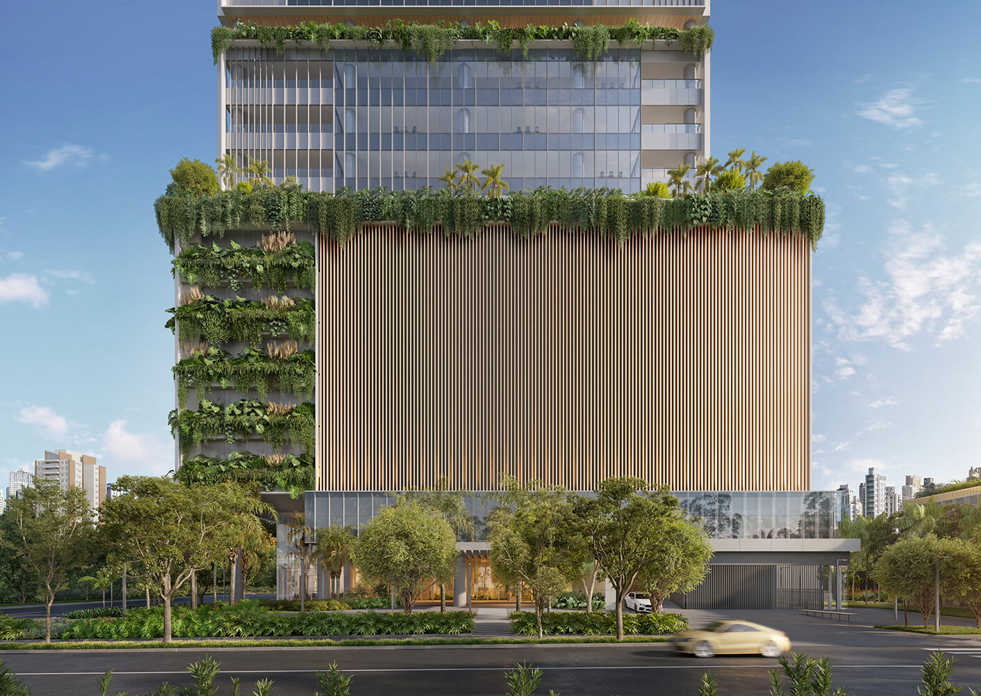Sustainable building with vertical garden and wooden accents in urban setting.