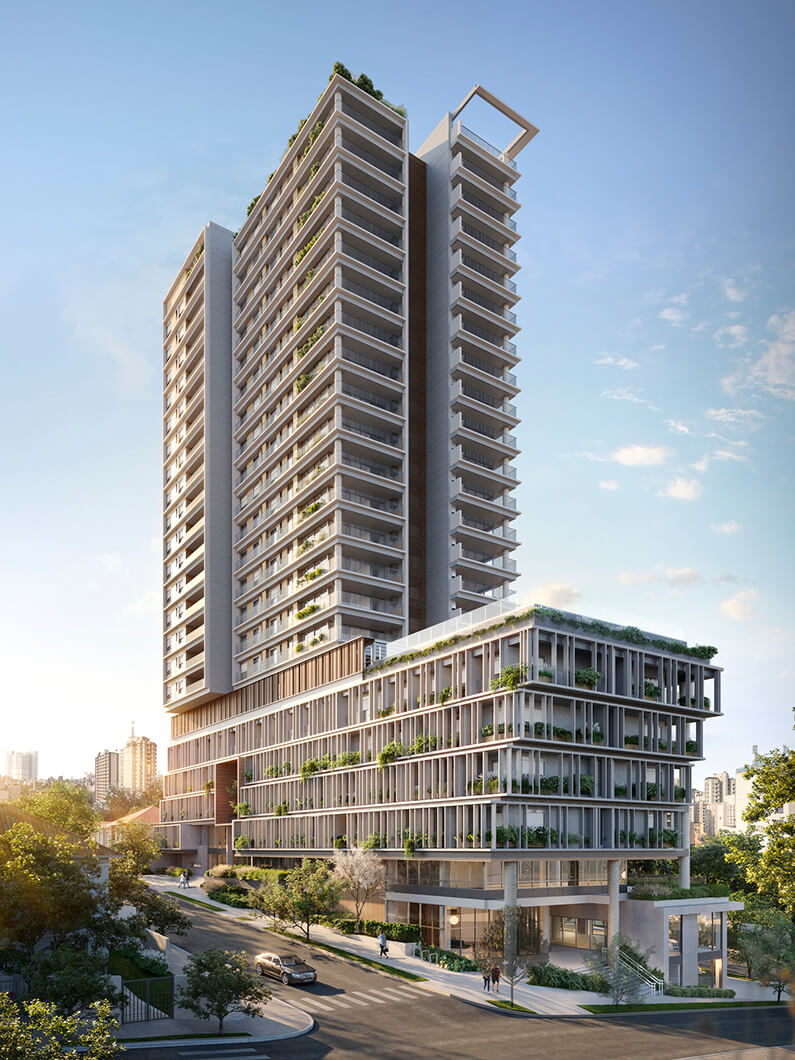 Modern high-rise building with green balconies under clear sky.