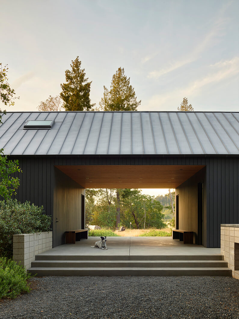 Modern house with open passageway, trees in background, and a dog sitting on the steps.