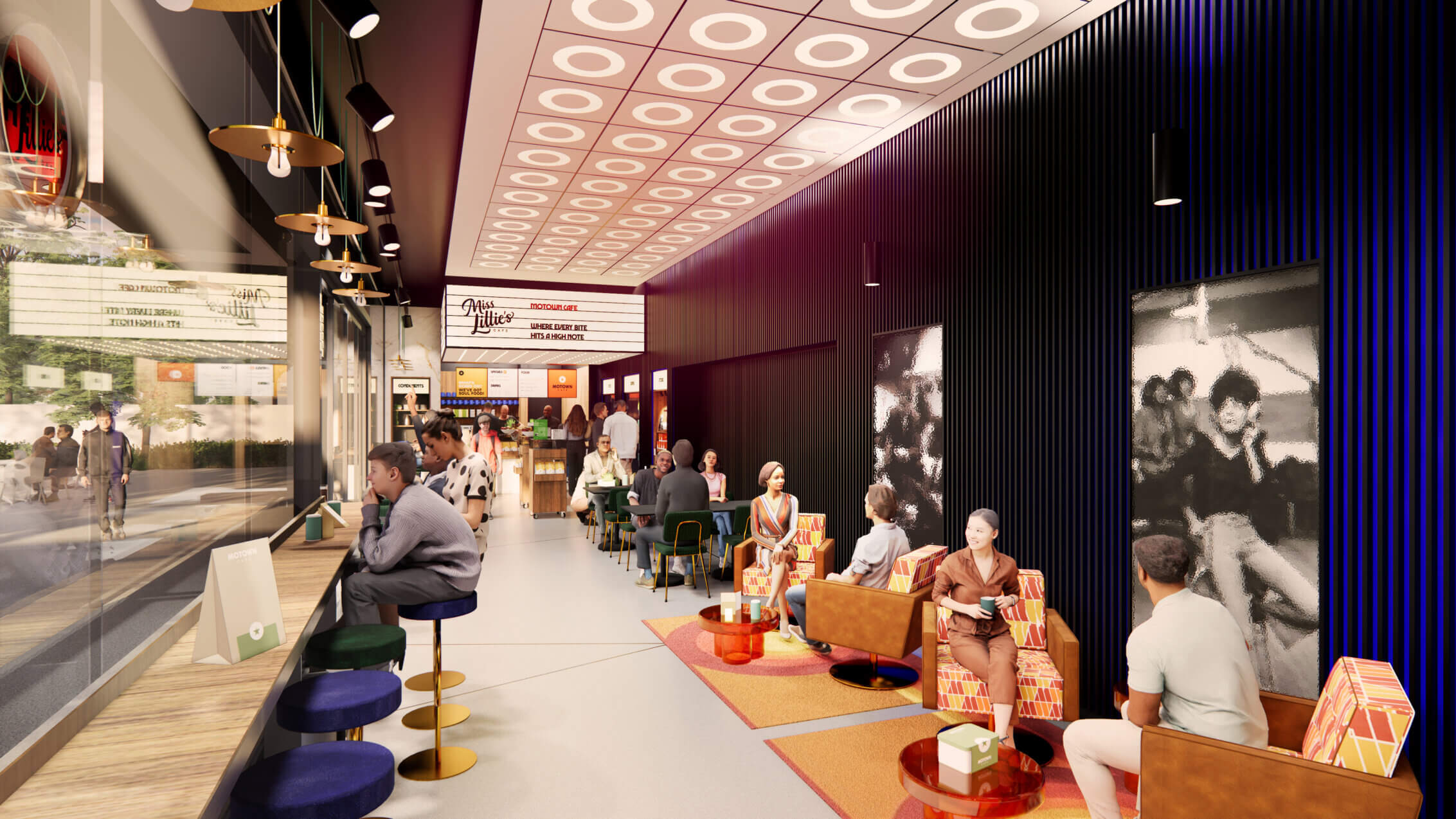 Stylish cafe interior with patrons enjoying drinks, modern decor, and vibrant seating arrangement.