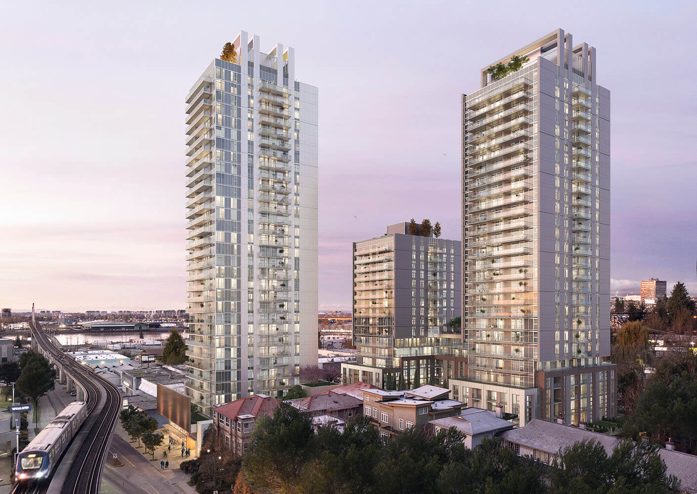 Modern high-rise buildings at dusk with city skyline and train, urban living concept.