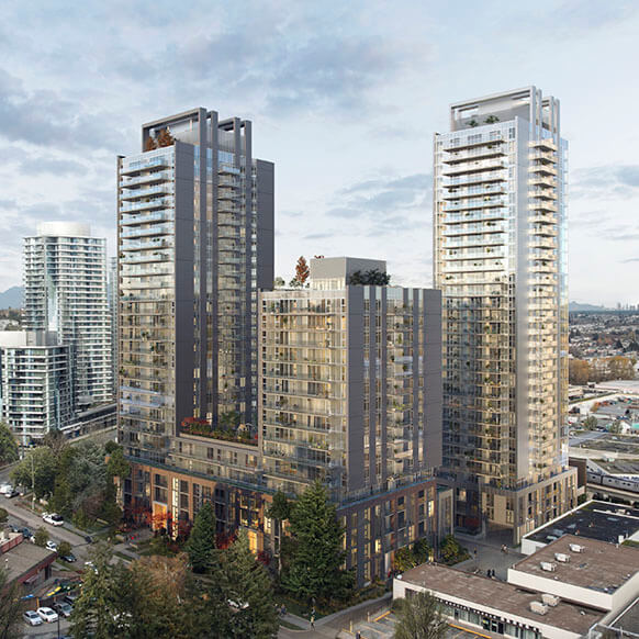 Modern urban skyscrapers with glass facades against a scenic city backdrop.