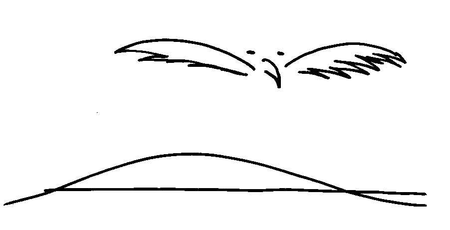 Simple drawing of a bird flying over a hill or wave.