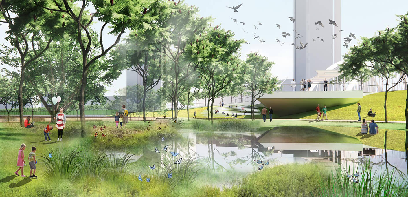 Render of green park with people, pond, trees, butterflies, and a viewing platform.
