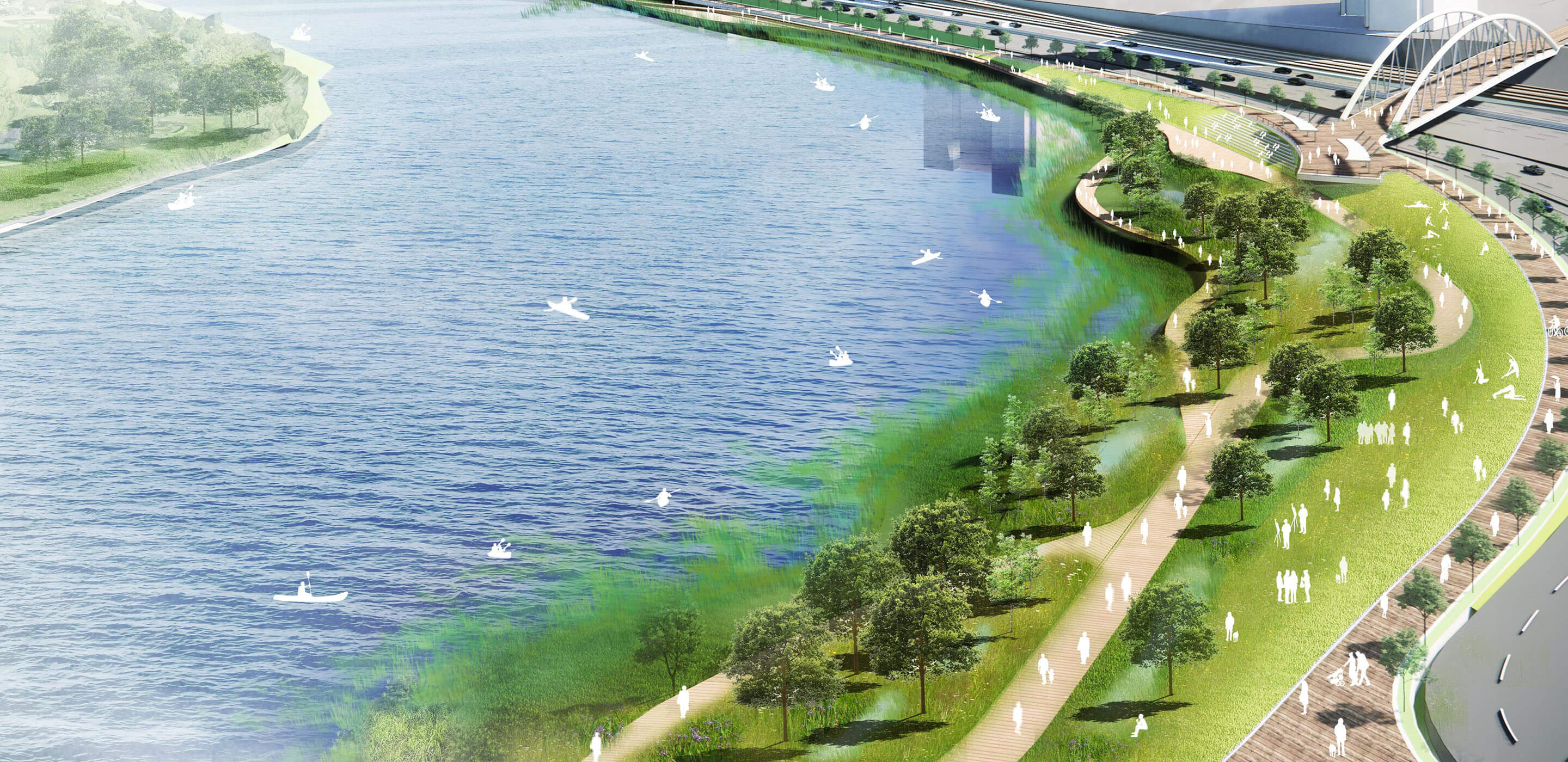 Riverside park with walking paths and kayakers, lush trees along the waterfront.