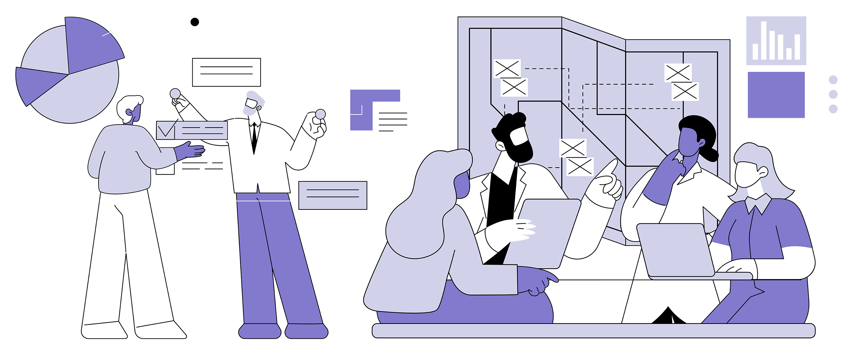 Illustration of doctors and planners discussing data and research