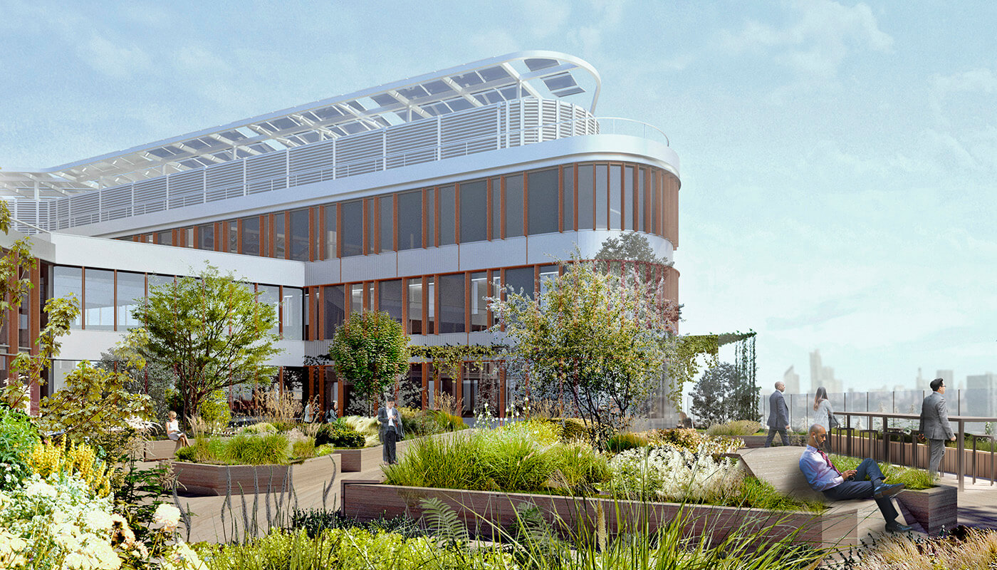 Modern rooftop garden with urban skyline view and people relaxing.