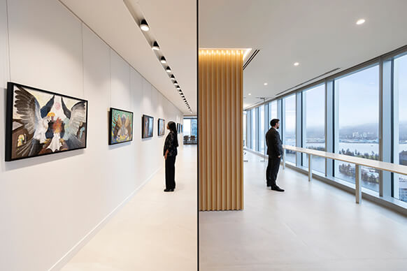 Office art gallery and city view through large windows