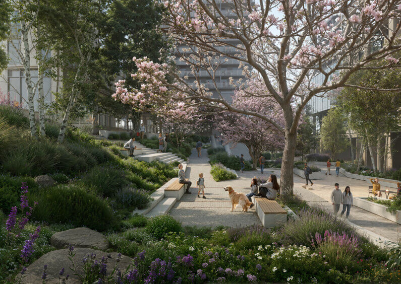 Urban park scene with people, blooming trees, and a dog on a sunny day.