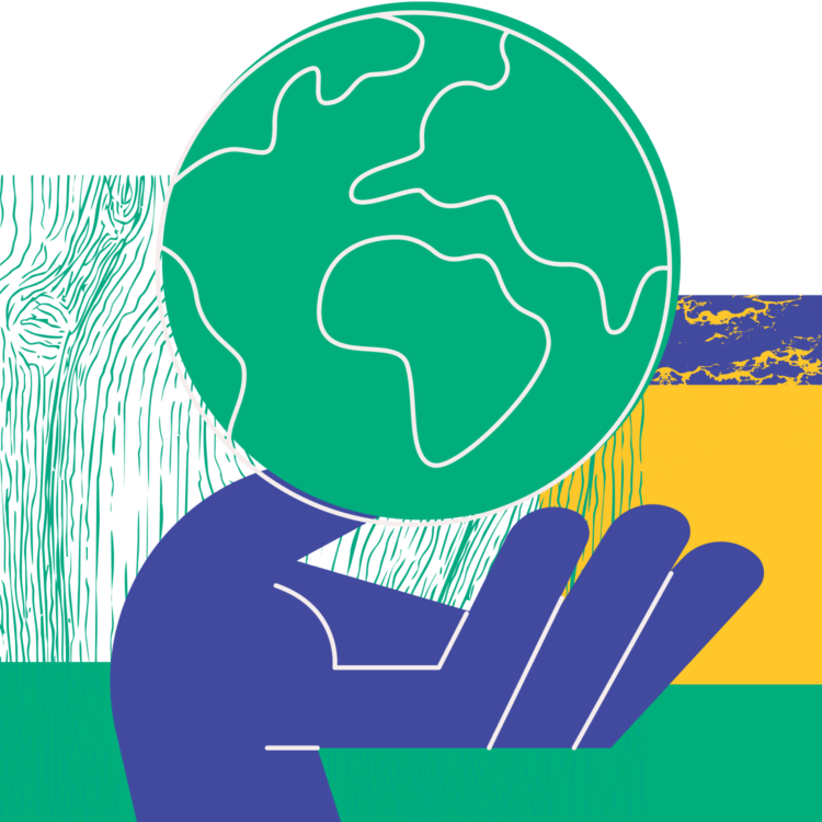 Hand holding a stylized globe, symbolizing global sustainability and environmental care.
