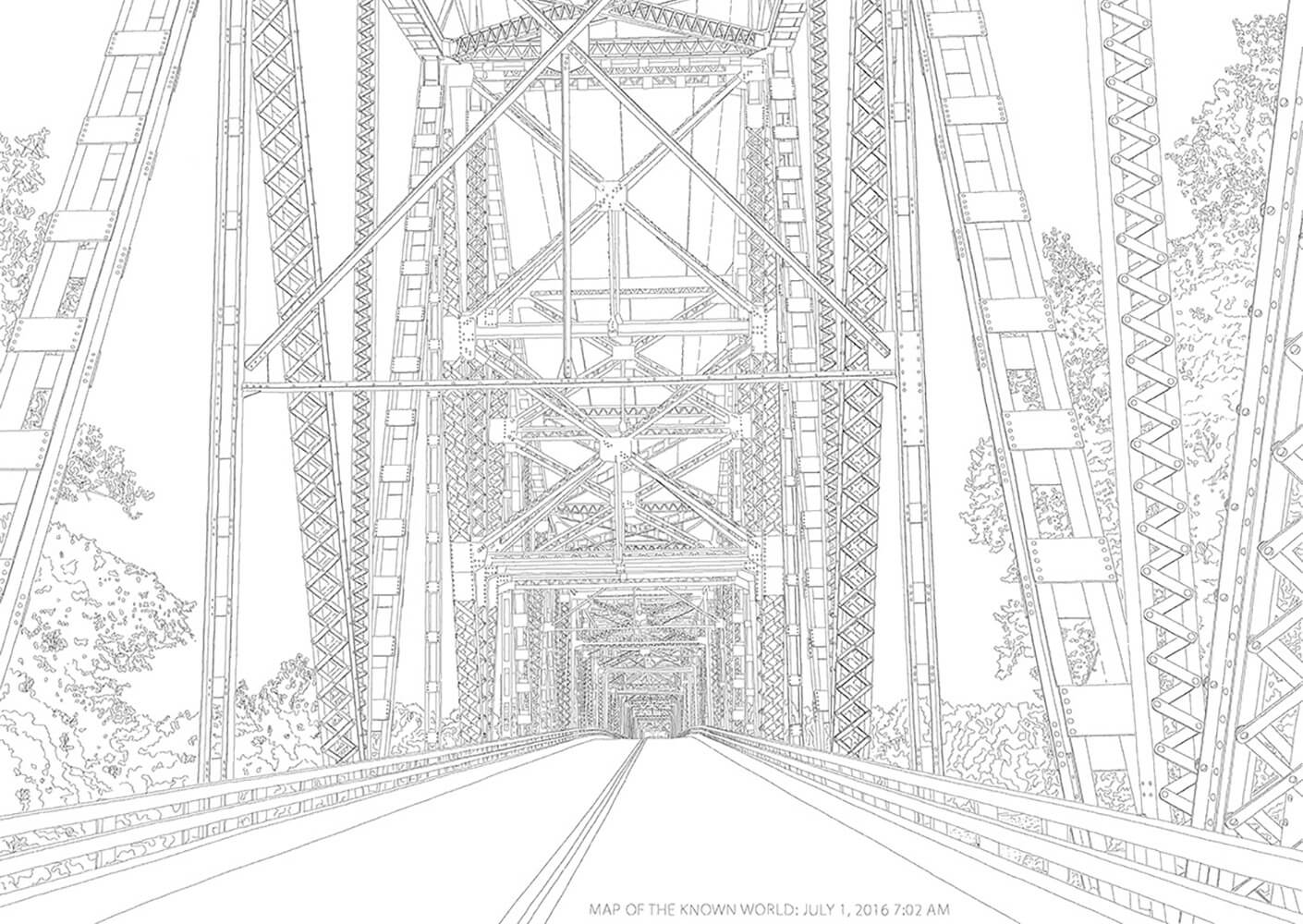 Intricate bridge architecture line drawing with trees in background.