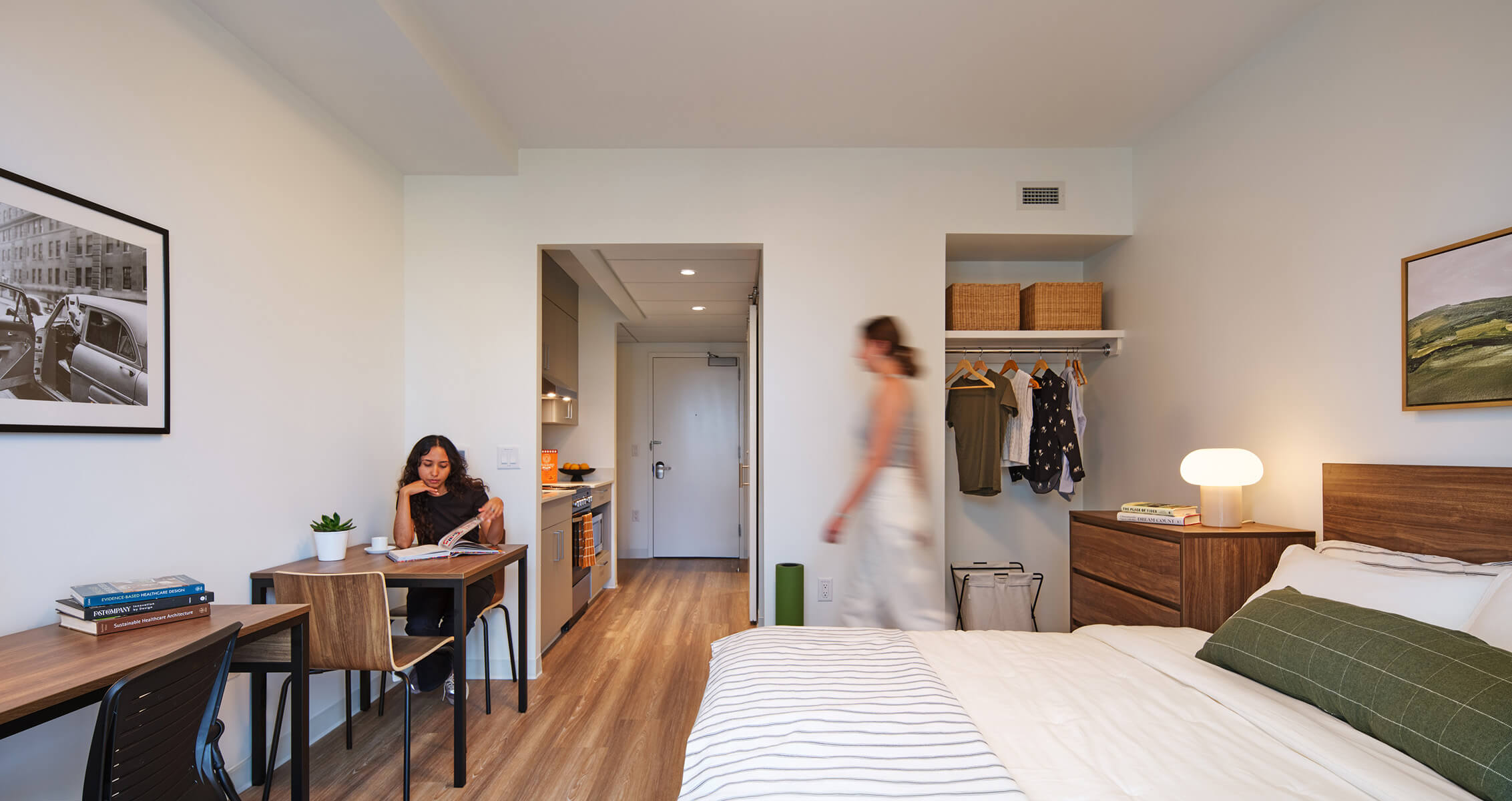 Student residence studio apartment with cozy decor and workspace.