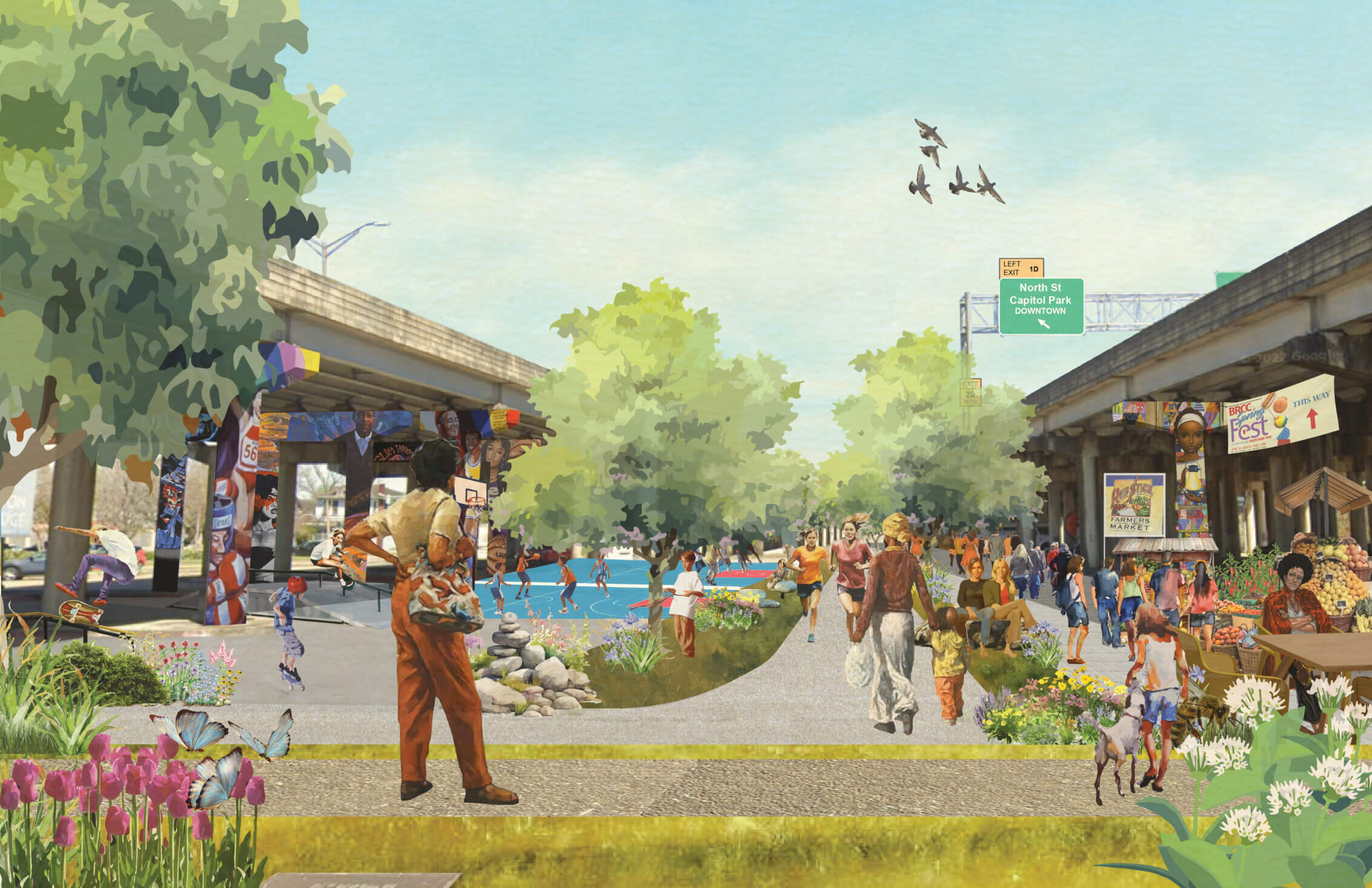 Vibrant urban park scene with people enjoying activities, nature, and local vendors.