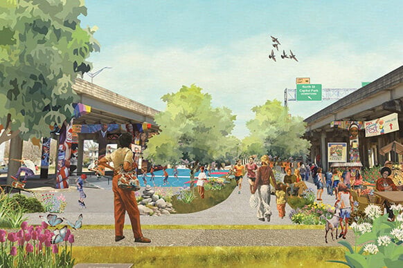Community gathering in a vibrant urban park with flowers, markets, and scenic pathways. 