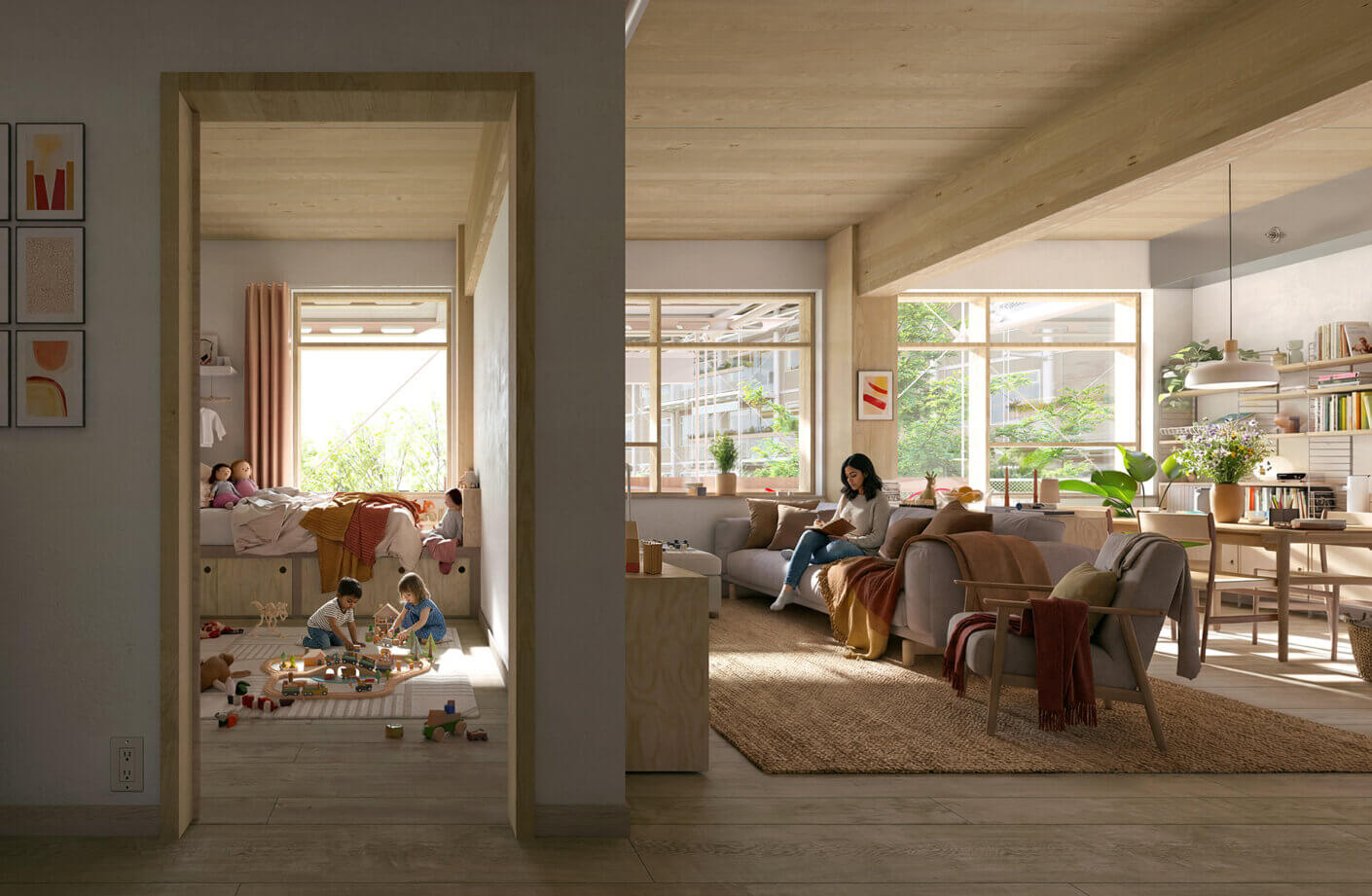 Cozy interior scene showing a family playing and a woman reading in a bright living space.
