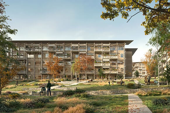 Modern apartment complex surrounded by greenery, pathways, and people enjoying outdoor spaces.