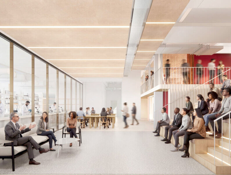 Modern office space with diverse people collaborating and engaging in discussions.