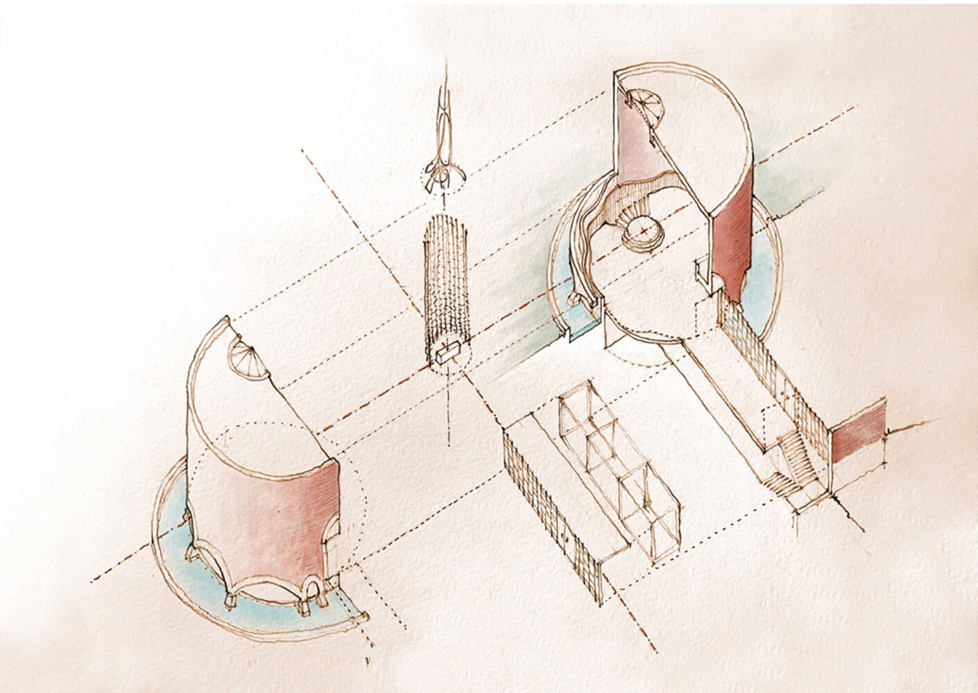 Architectural sketch showing a circular building layout with geometric shapes and light water features, emphasizing spatial organization and design flow.