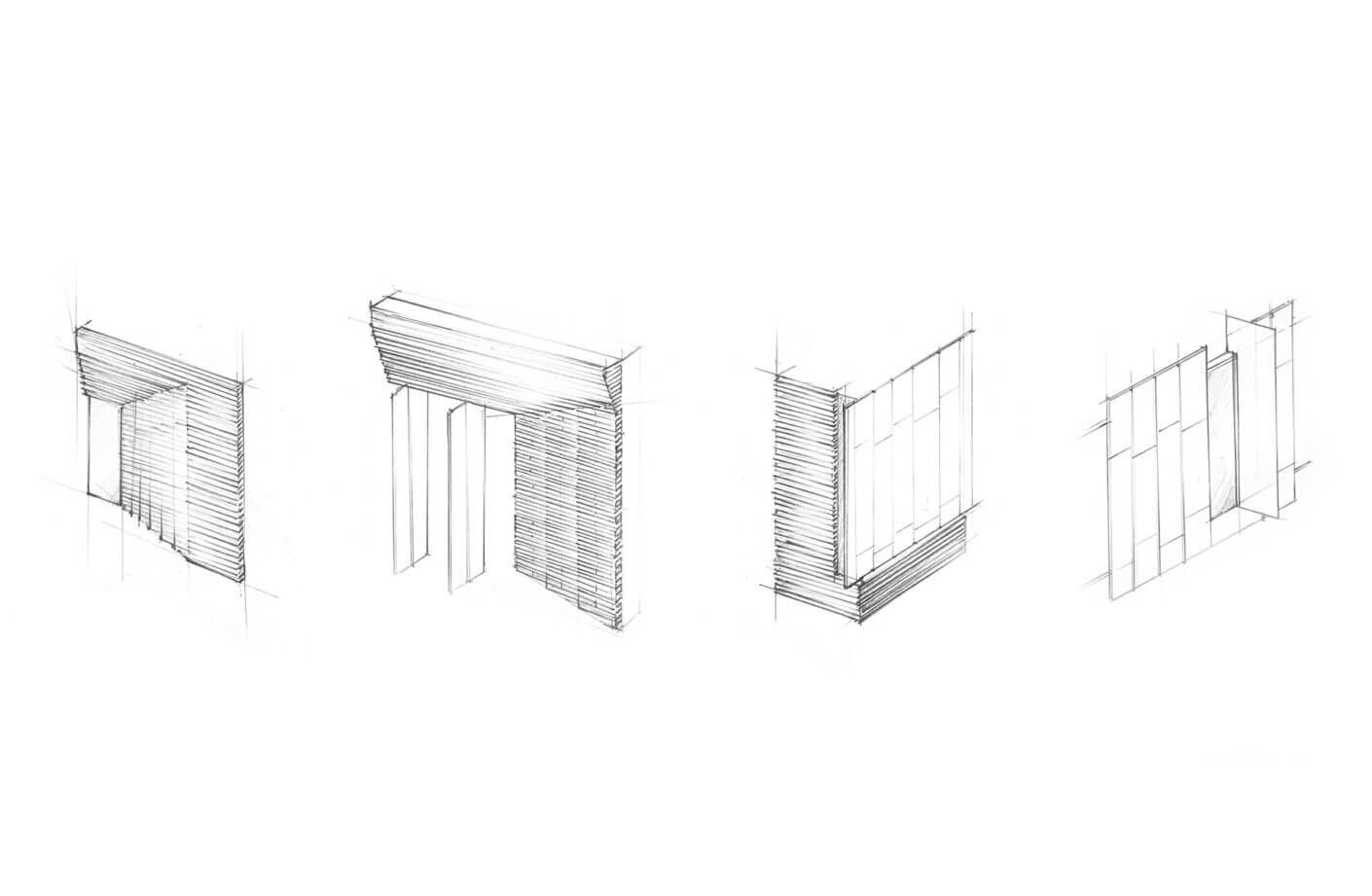 Architectural sketches illustrating various façade designs with varied textures and dimensions, showcasing creative building concepts.