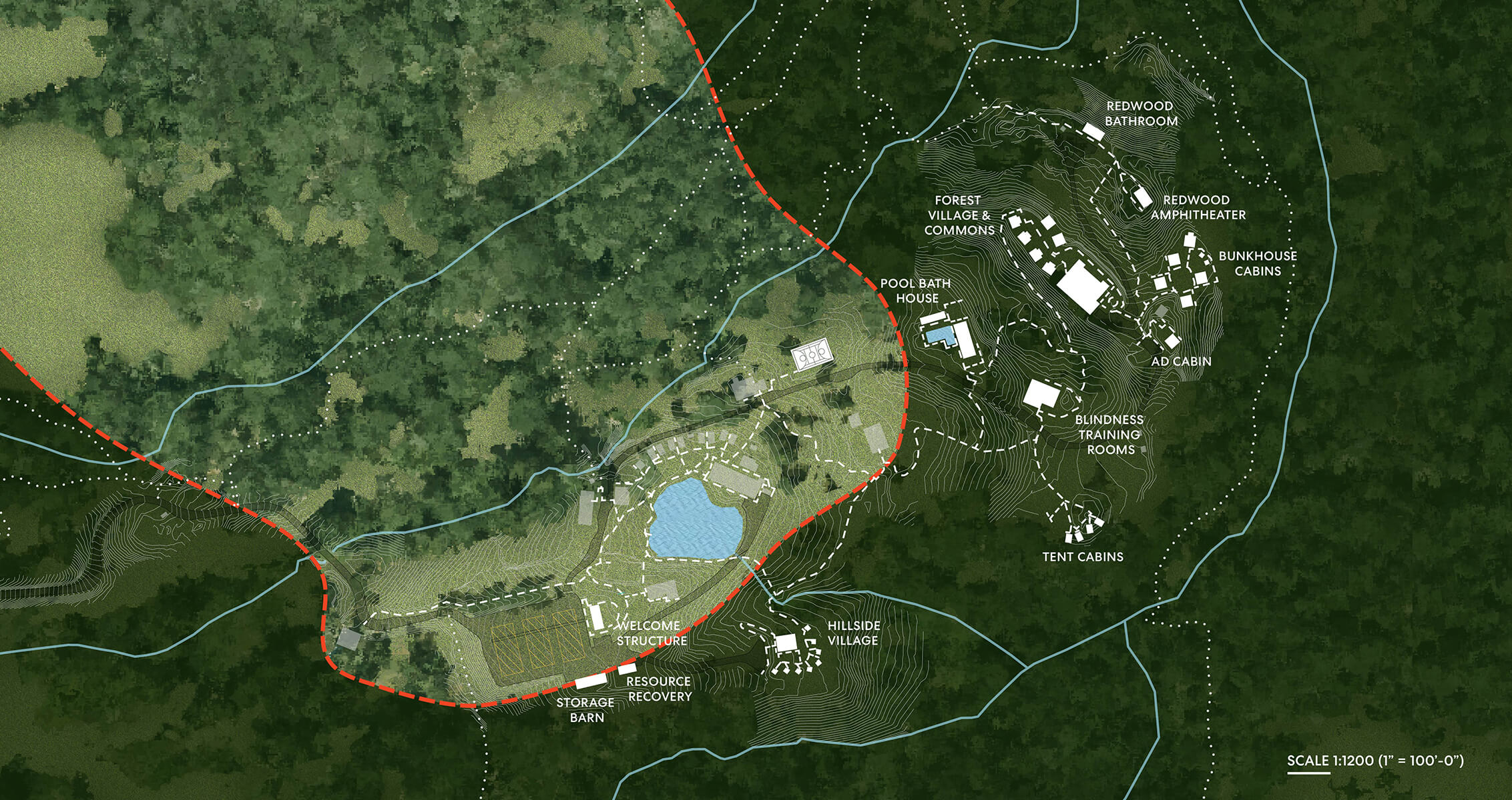 Site map highlighting various buildings and structures, including cabins, a welcome structure, and a pool bath house within a forested landscape.