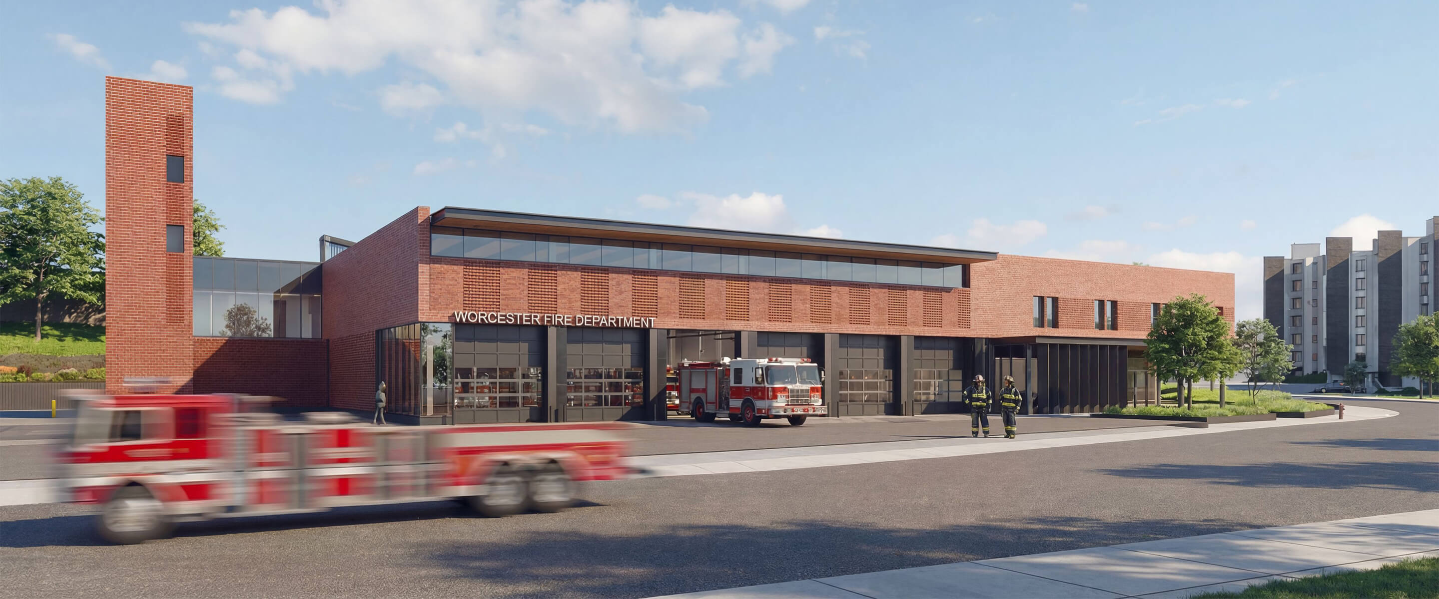Rendering of the Worcester Fire Department, featuring a brick building, fire trucks, and firefighters outside. Urban environment with trees and residential buildings.
