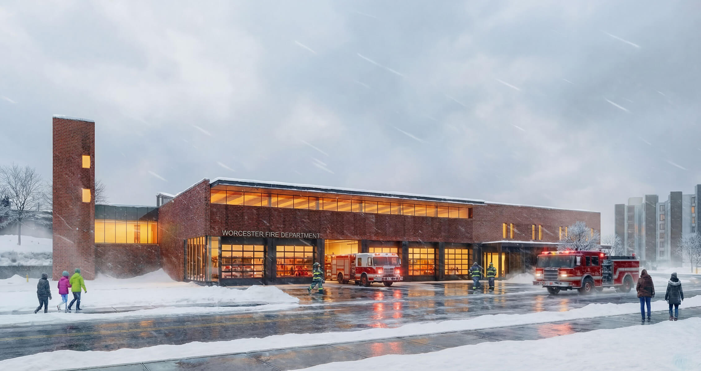 Worcester Fire Department building in winter, with fire truck and firefighters outside, snow-covered ground, and people walking nearby.