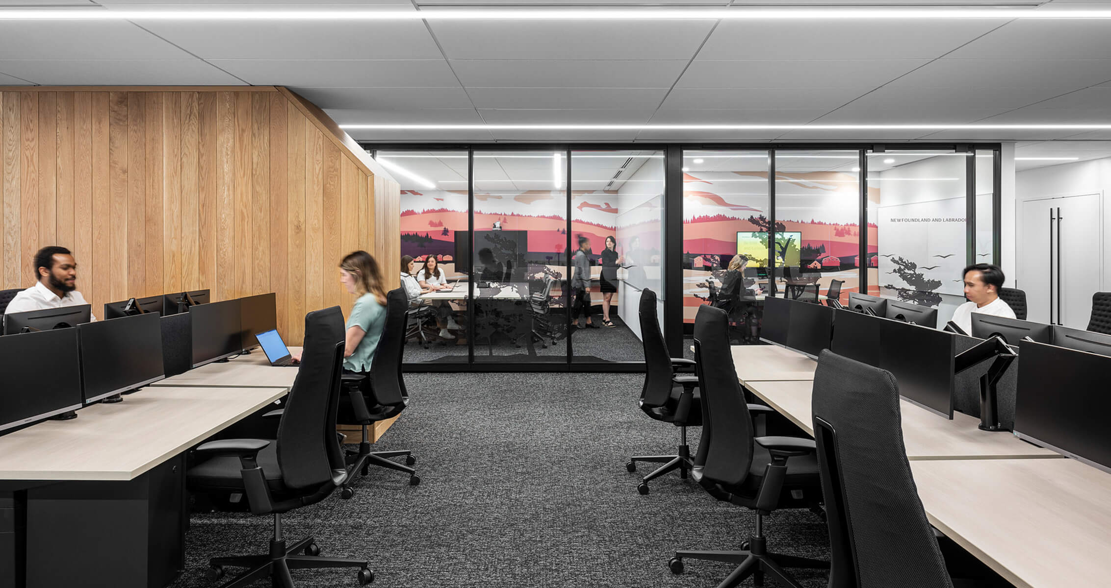 Office interior featuring divided workstations with black monitors and ergonomic chairs, a wooden wall, and a glass meeting room with colorful graphics.