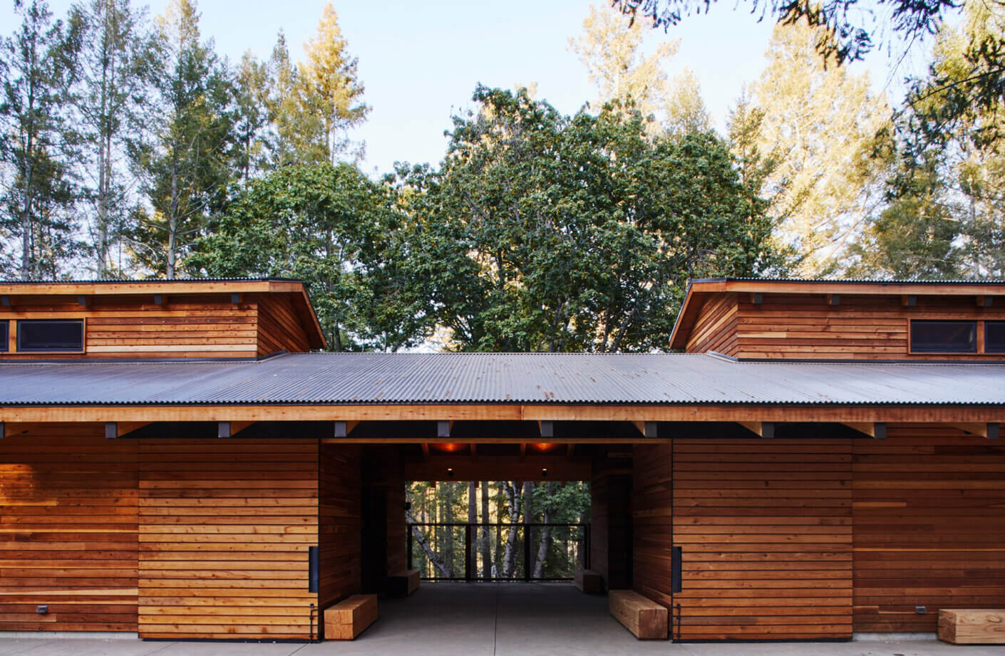 Exterior view of a wooden building with a slanted roof, surrounded by trees, showcasing natural materials and architectural design.