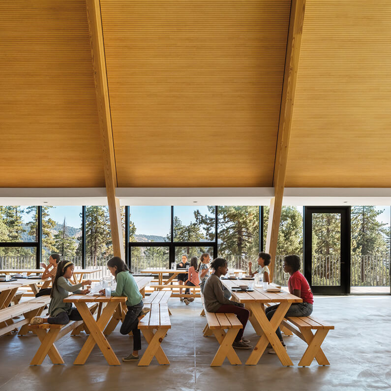 Interior of a spacious dining area with wooden tables and benches. Children are engaged in activities, with large windows showcasing a forest view.
