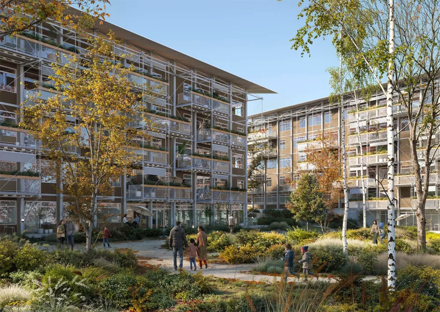 Residential buildings surrounded by landscaped gardens and trees, with families enjoying the outdoor space.
