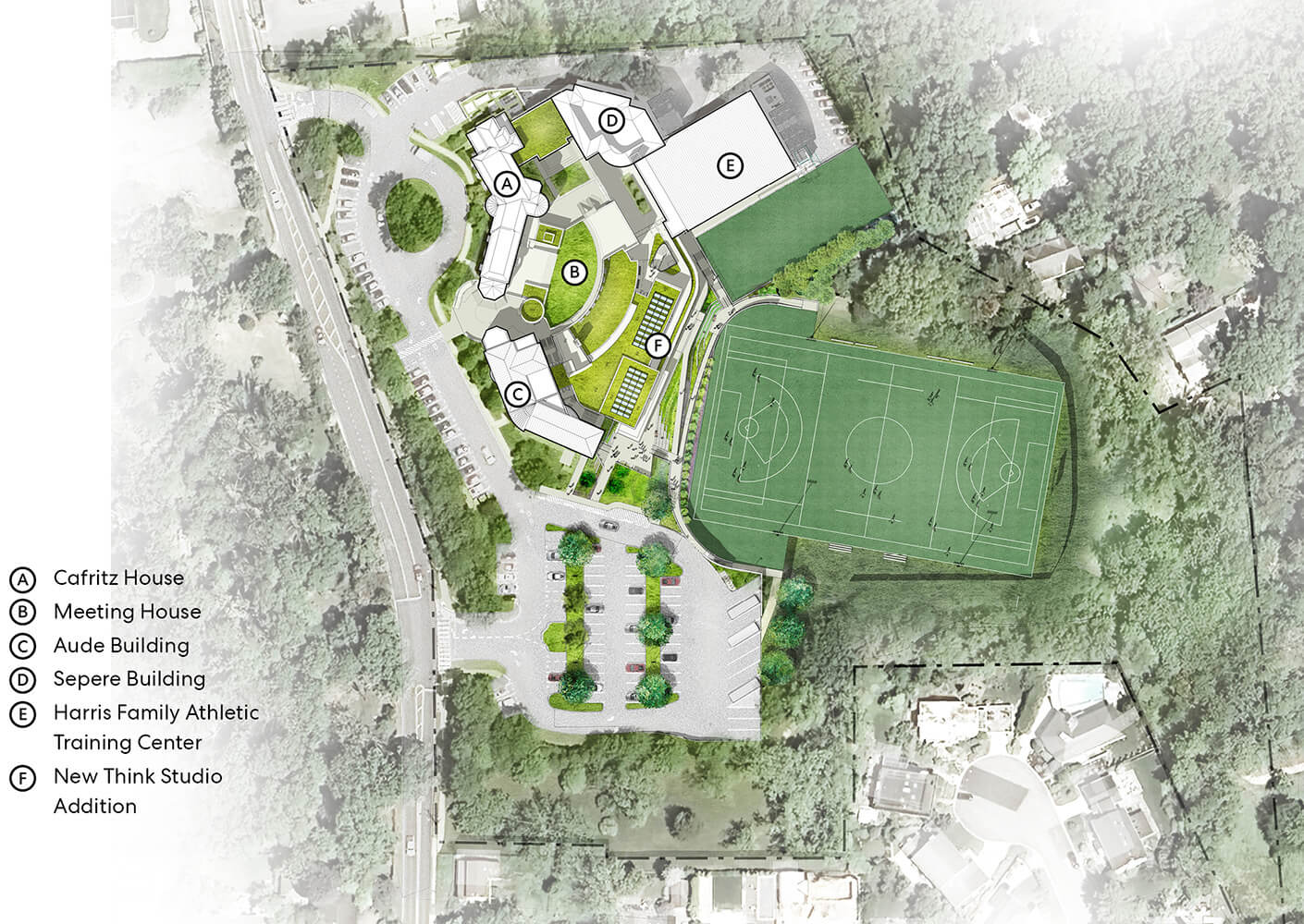 Site plan featuring Cafritz House, Meeting House, Aude Building, and Harris Family Athletic Training Center, alongside a soccer field and parking areas.