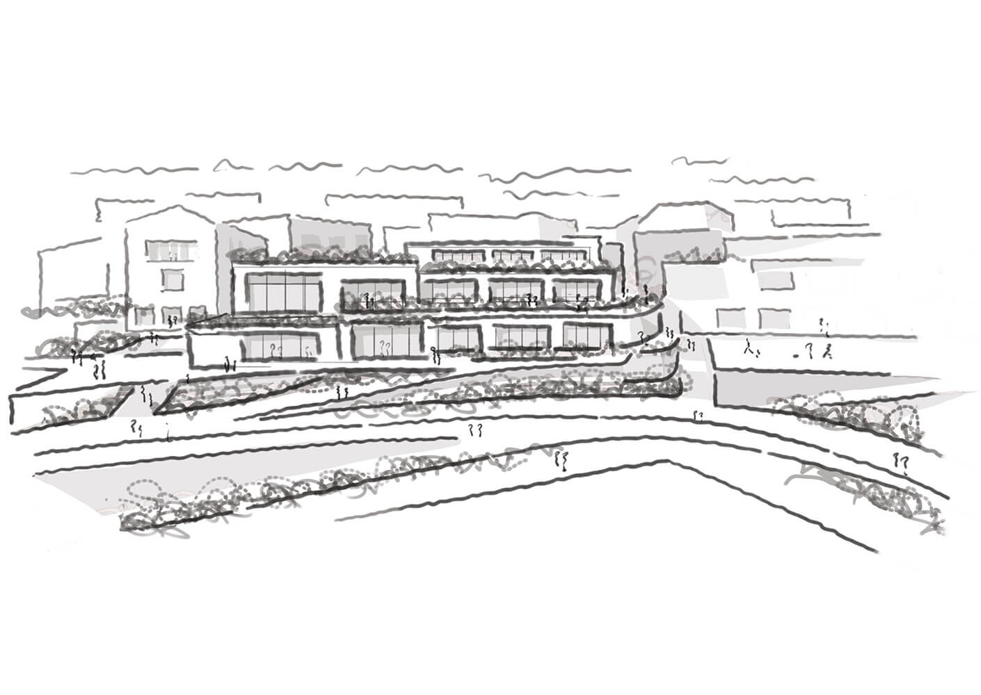 Architectural sketch depicting a multi-level building with terraces and surrounding landscaping, highlighting pathways and outdoor spaces.
