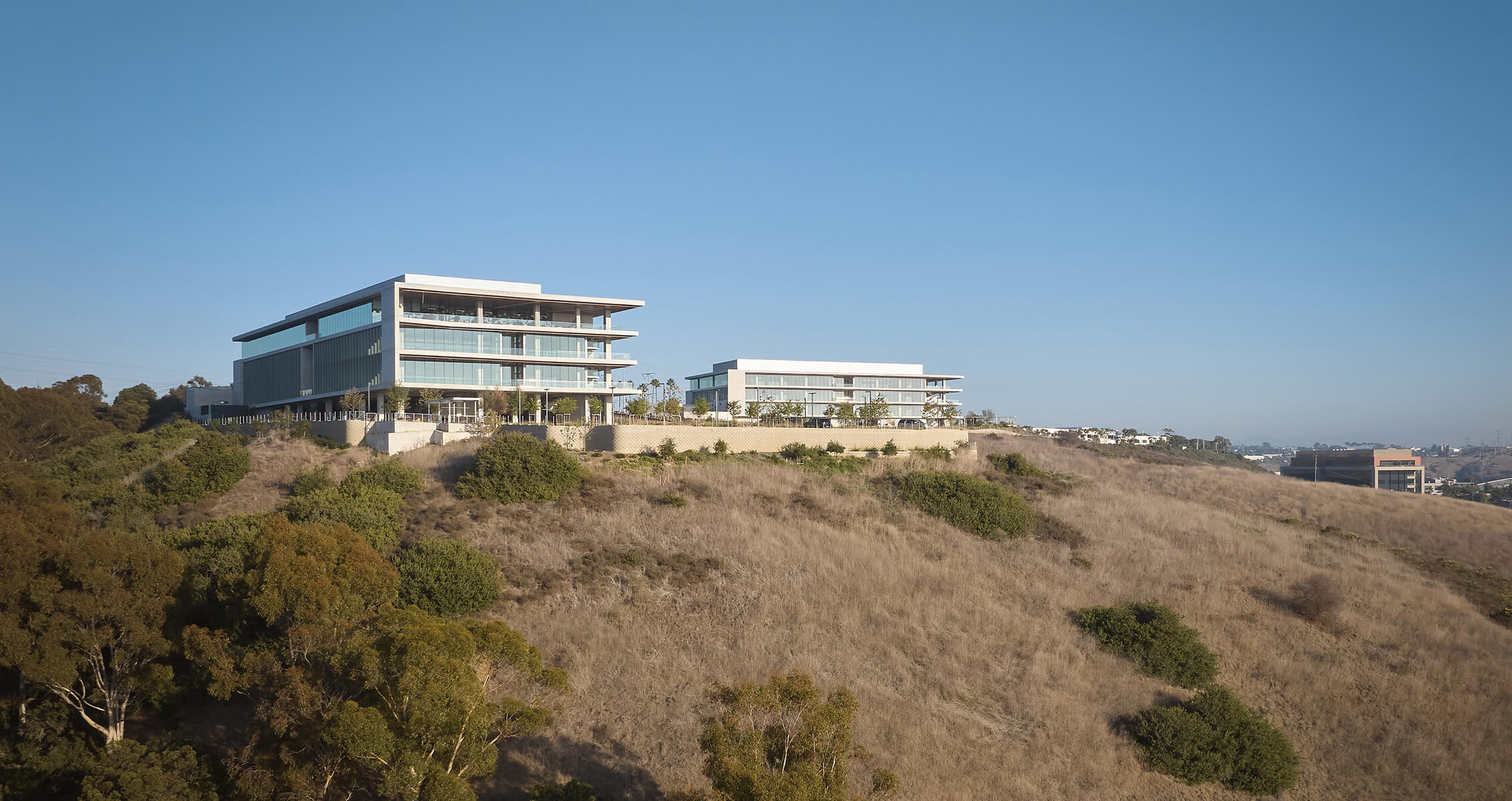 Two sleek buildings atop a hillside, surrounded by dry grass and trees under a clear blue sky. Urban setting in the background.