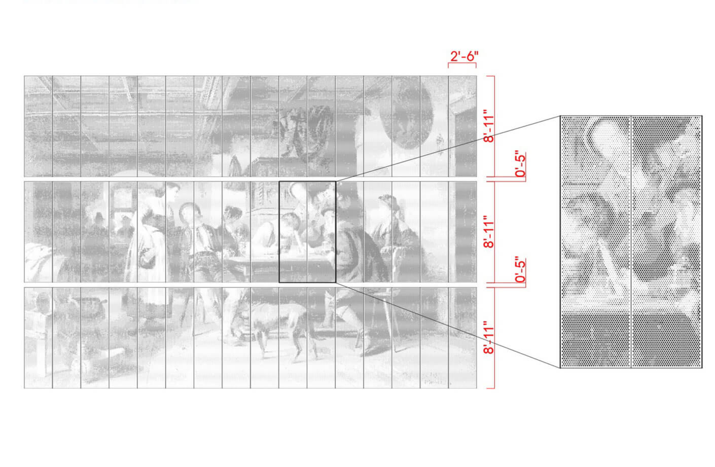 Architectural drawing displaying a grid layout with dimensions alongside an artistic depiction of figures in a detailed scene.