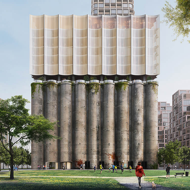 Rendering of an urban landscape featuring a unique building design with large columns, glass elements, and surrounding green spaces in a city setting.