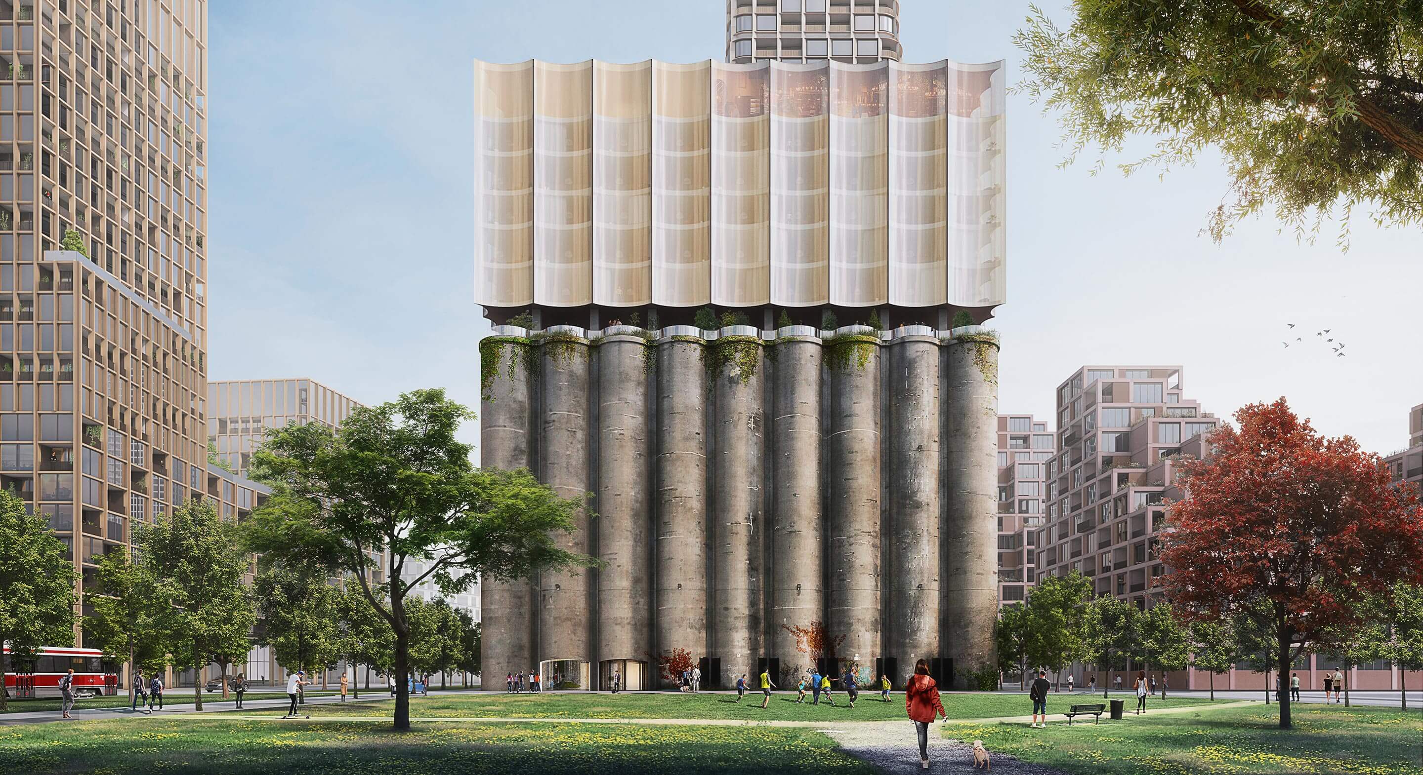 Rendering of an urban landscape featuring a unique building design with large columns, glass elements, and surrounding green spaces in a city setting.