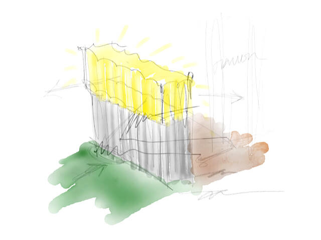 Sketch illustrating a building design with yellow light elements and green and brown landscaping. Lines suggest airflow and light direction.