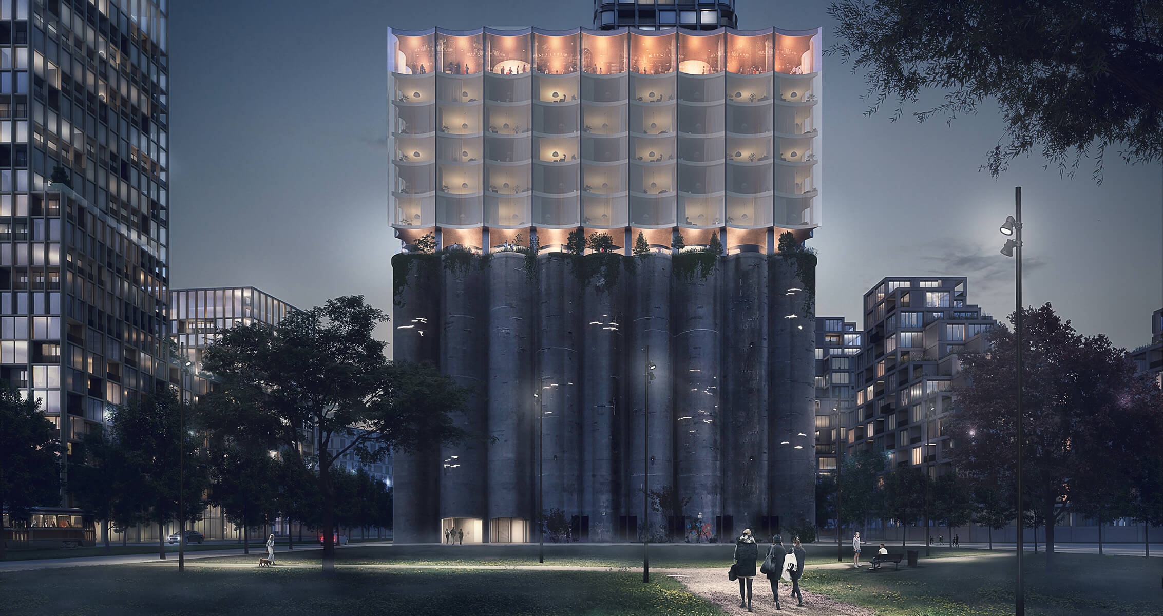 Architectural rendering of a building featuring stacked concrete bases and a glass upper section, illuminated at night with surrounding greenery and urban paths.