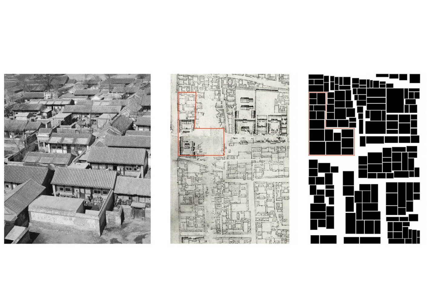 Black and white aerial view of traditional buildings, adjacent to a historical map and architectural plan analysis.