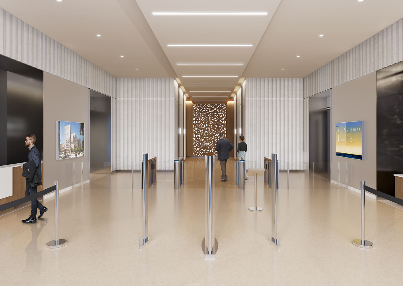 Interior lobby featuring sleek design elements, reception area, and digital displays, with people at security turnstiles.