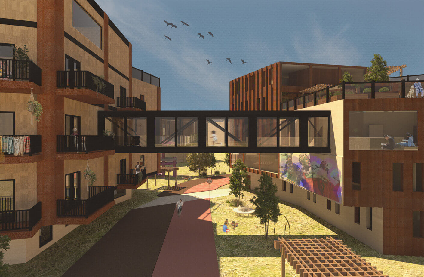 Architectural rendering of a multi-unit residential complex featuring a connecting walkway, landscaped areas, and community spaces. Birds fly overhead.