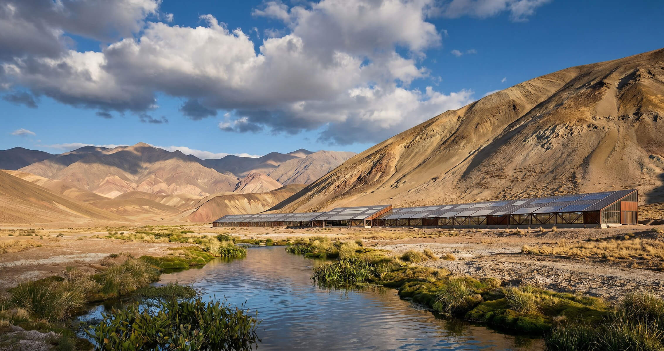 Landscape view of a building with solar panels against a backdrop of colorful mountain ranges and a stream in the foreground.