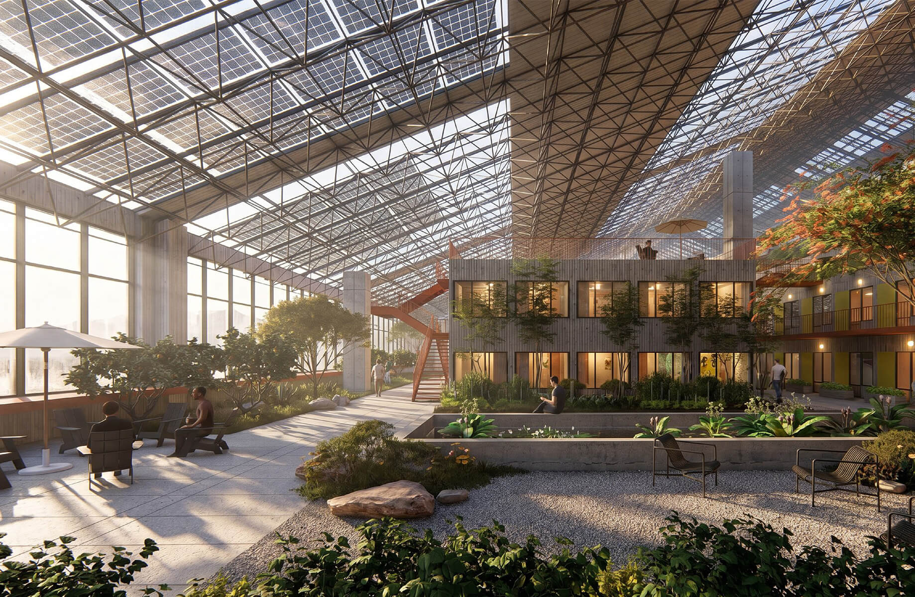 Interior view of a landscaped space with seating areas, plants, and a central garden, topped by a glass roof featuring solar panels.