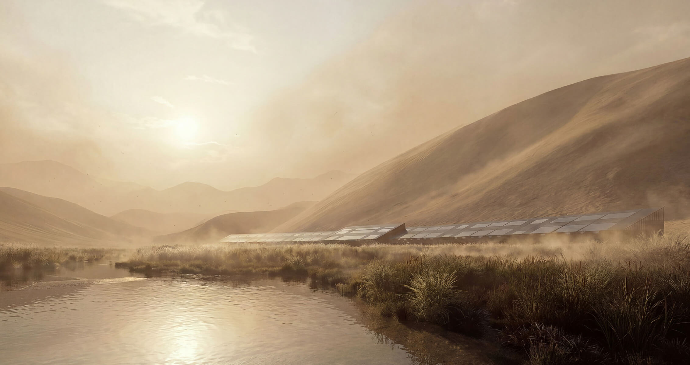 Landscape featuring a greenhouse with solar panels, surrounded by hills and a body of water under a hazy sunset. Dusty atmosphere and tall grasses.