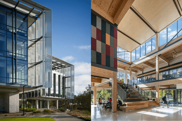 Glass-sided building exterior with landscaped surroundings, paired with an interior view showcasing wood accents and multi-level seating areas. 