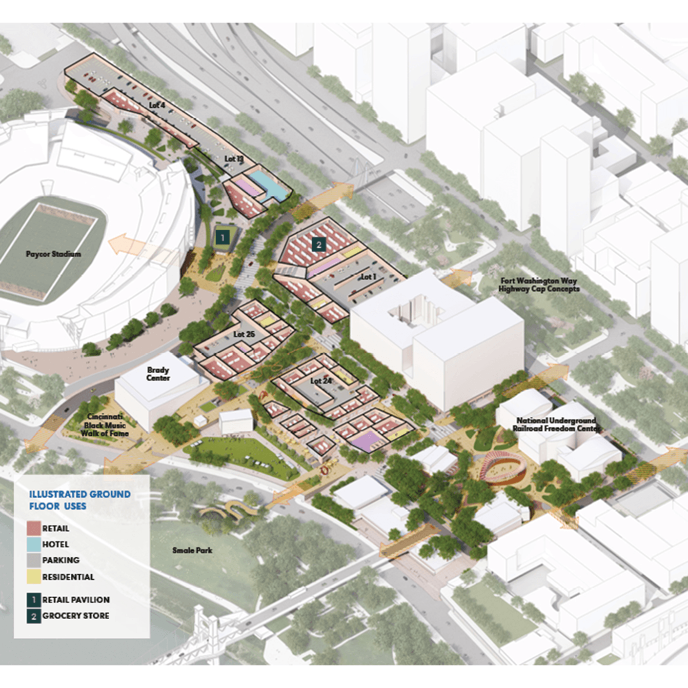Illustrated site map showing ground floor uses including retail, hotel, parking, residential, and a grocery store near Paycor Stadium and Brady Center.