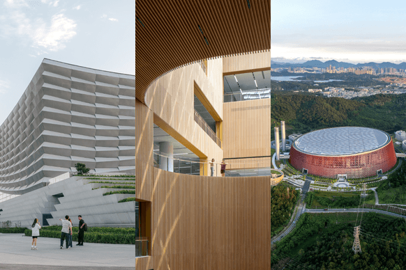Three architectural structures showcasing varied designs: a terraced exterior, a wooden interior, and a satellite-like facility among greenery. 